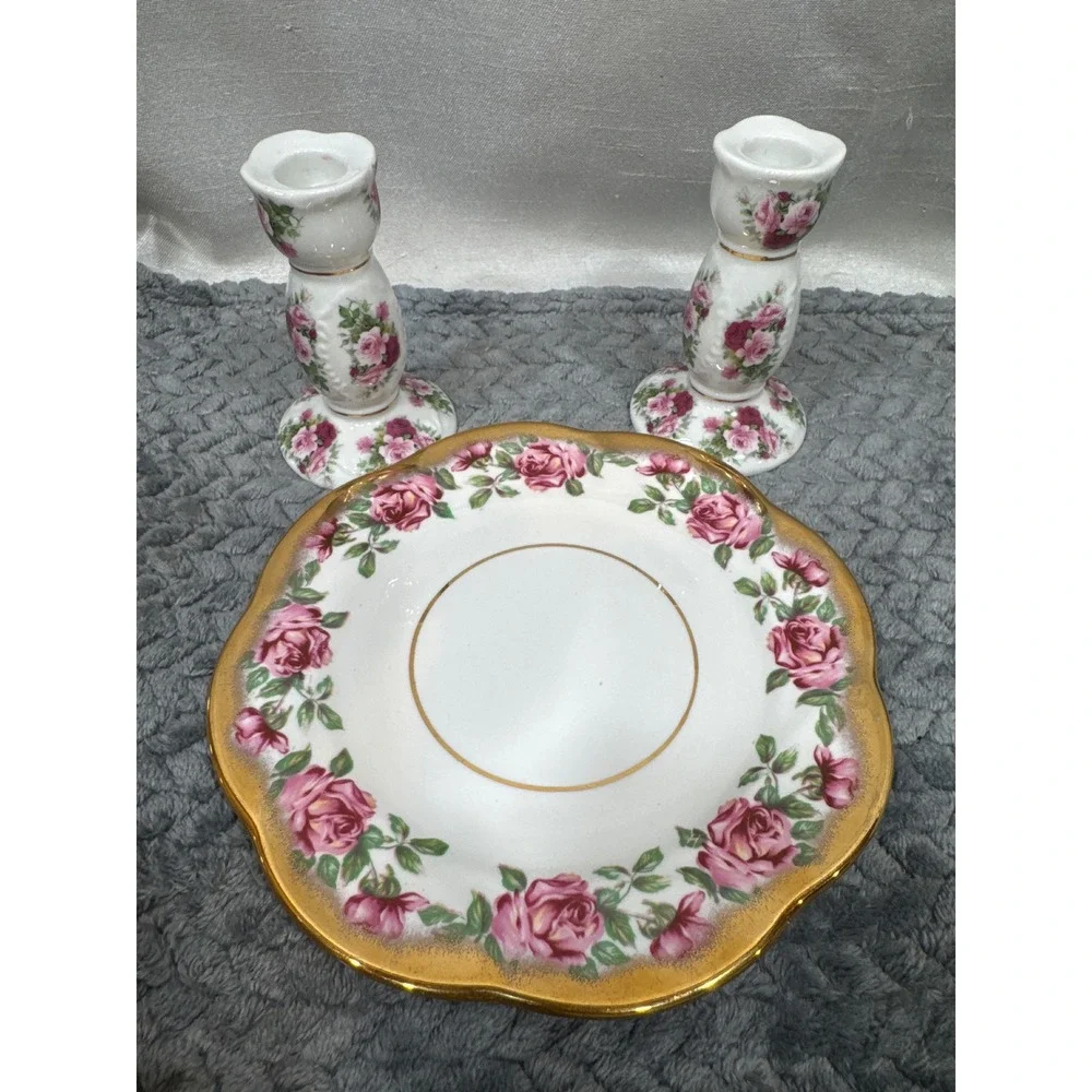 Salisbury Bone China England Pink Rose‎ Candlesticks and Scalloped Dish Set 3pc